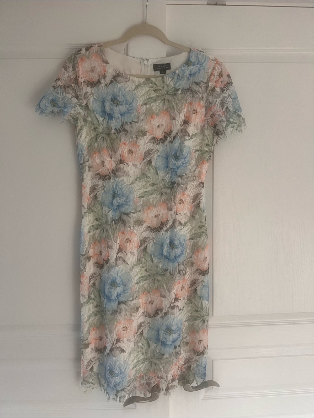 Tahari ASL Floral Lace Midi Dress - Pastel Blue & Peach